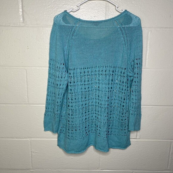 J Jill Linen Blend Open Knit Blue Pullover Sweater Womens Large Fisherman - Picture 3 of 9